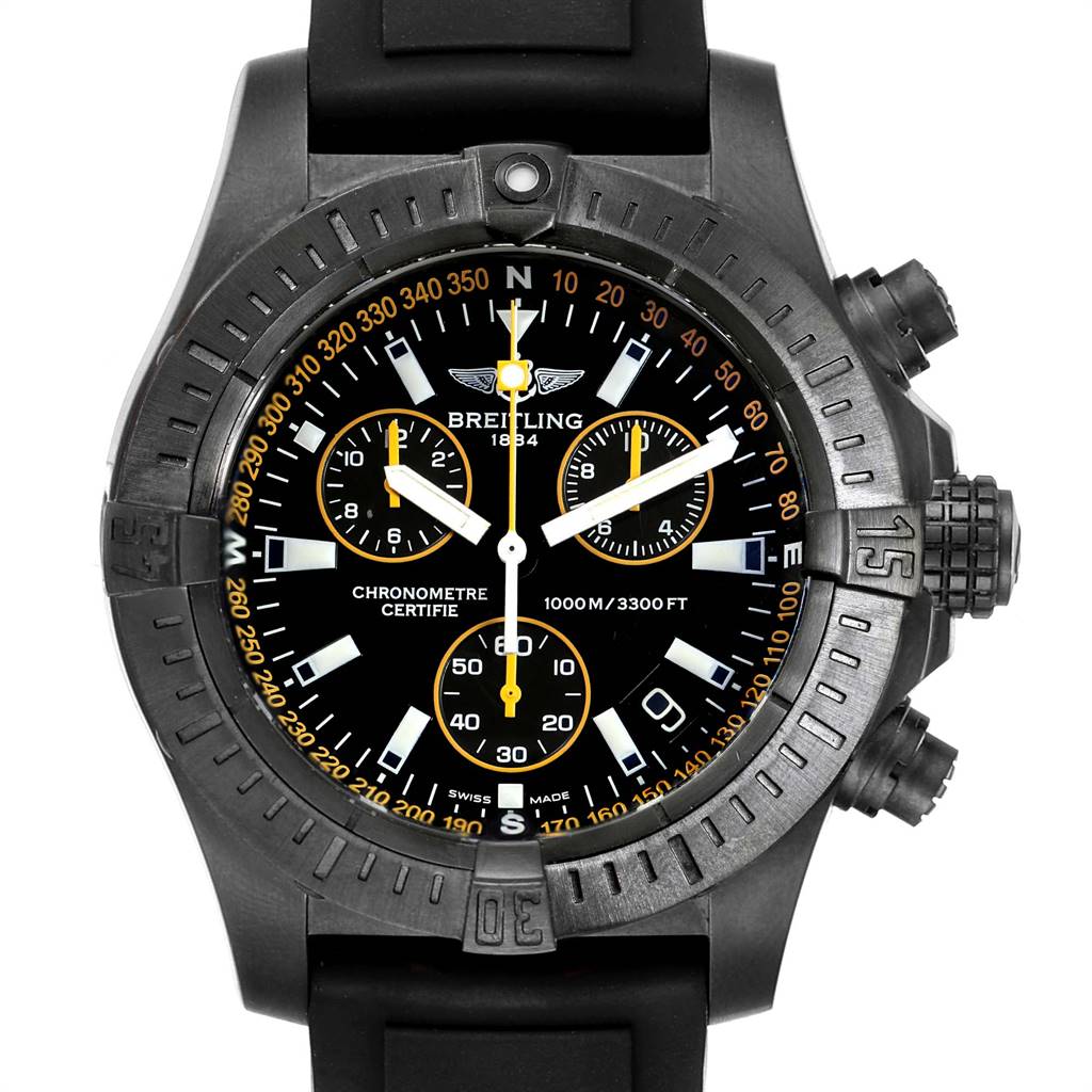 The image shows a frontal view of a Breitling Avenger M73390 Men
s Stainless Steel Black Dial M73390 Men
s Stainless Steel Black Dial watch, highlighting its dial, bezel, and chronograph functions.