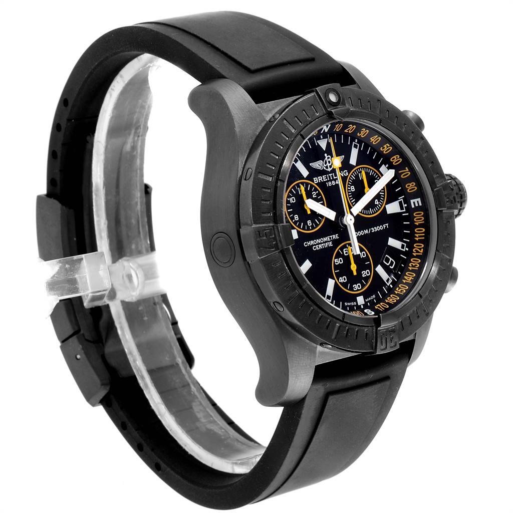 The image shows a Breitling Avenger M73390 Men
s Stainless Steel Black Dial M73390 Men
s Stainless Steel Black Dial watch from a side angle highlighting the face, bezel, and strap.