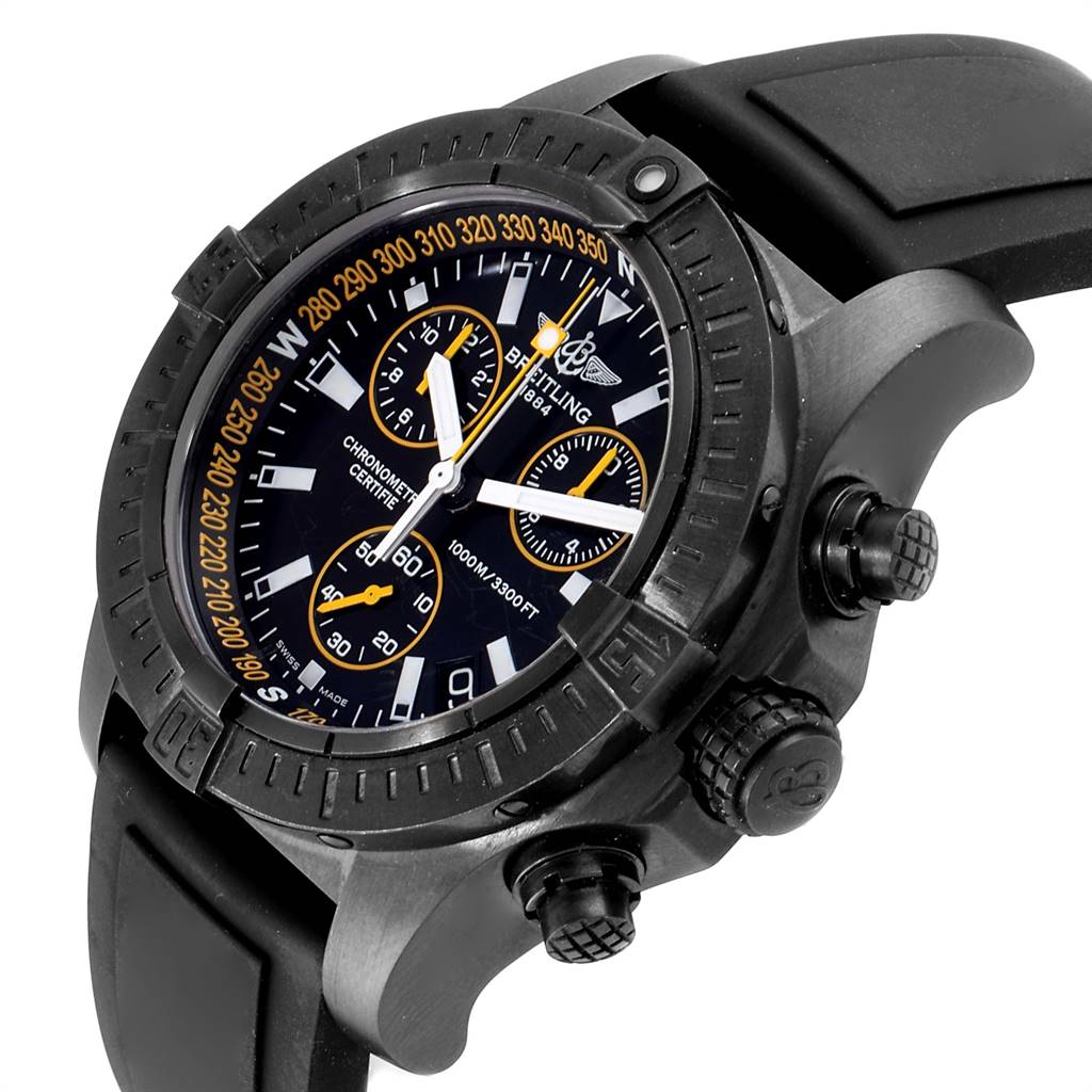 The image shows a close-up view of the dial, chronograph sub-dials, bezel, and pushers of a Breitling Avenger M73390 Men
s Stainless Steel Black Dial M73390 Men
s Stainless Steel Black Dial watch.