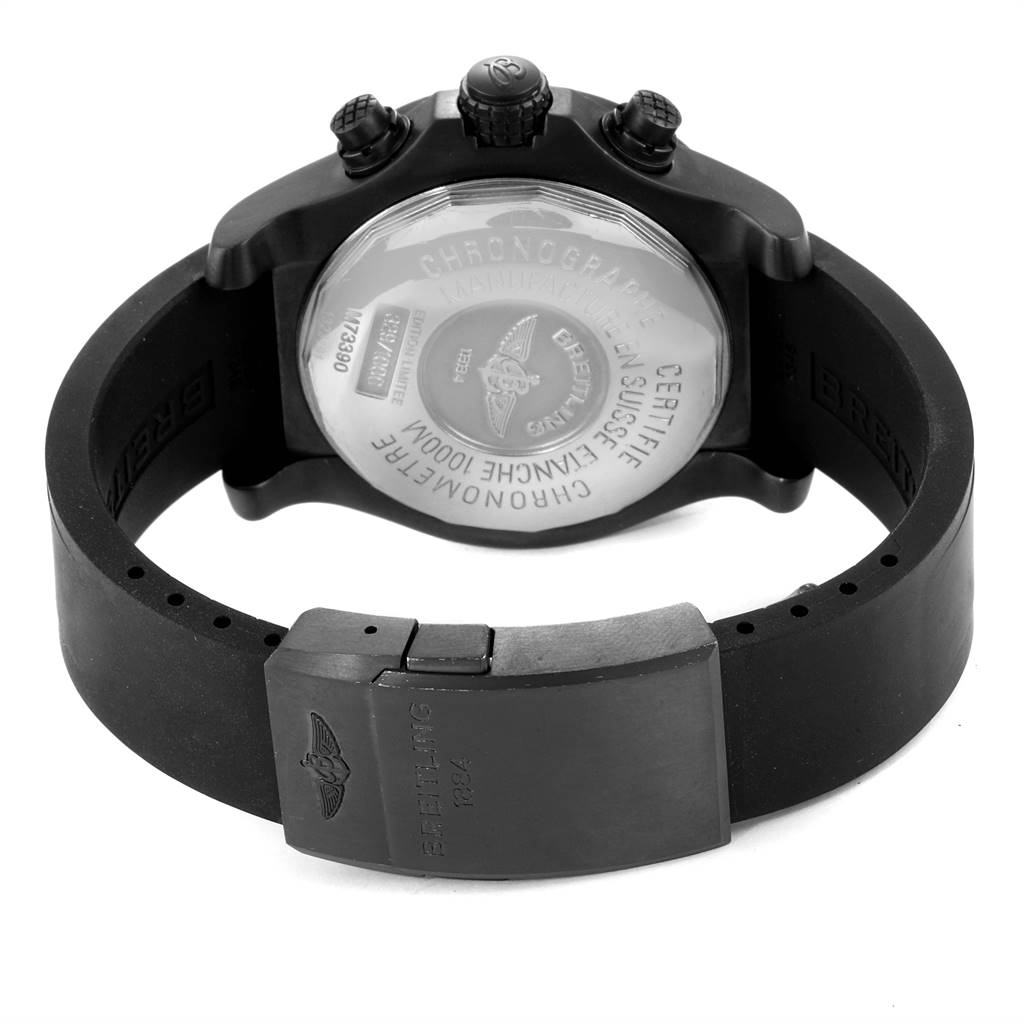 The image shows the back and clasp of a Breitling Avenger M73390 Men
s Stainless Steel Black Dial M73390 Men
s Stainless Steel Black Dial watch at a slightly tilted angle.