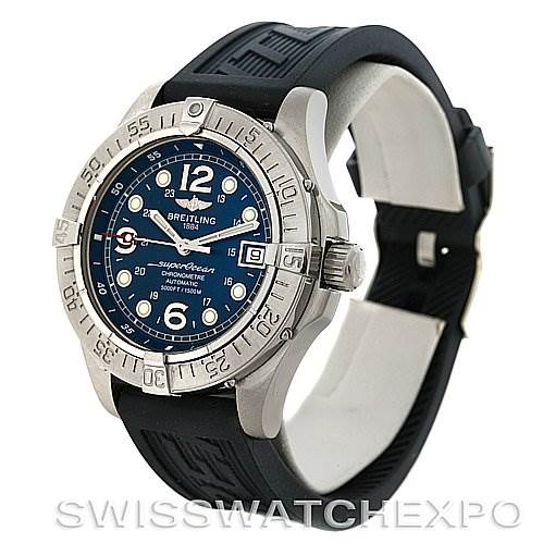 The image shows a Breitling Superocean A1736010/C644 Men's Stainless Steel Blue Dial A1736010/C644 Men's Stainless Steel Blue Dial watch from an angled view, highlighting the bezel, dial, crown, and rubber strap.