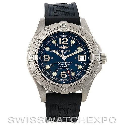 The image shows a front view of a Breitling Superocean A1736010/C644 Men's Stainless Steel Blue Dial A1736010/C644 Men's Stainless Steel Blue Dial watch with a blue dial, stainless steel bezel, and black rubber strap.