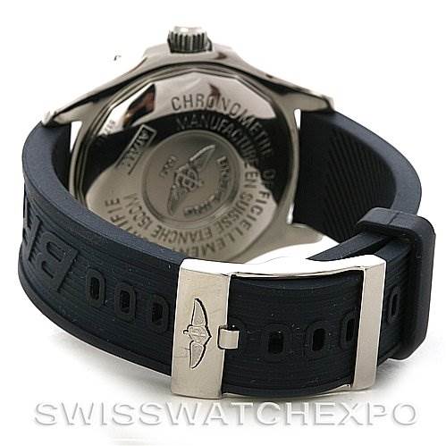 The image shows the back view of a Breitling Superocean A1736010/C644 Men's Stainless Steel Blue Dial A1736010/C644 Men's Stainless Steel Blue Dial watch, focusing on the case back and the rubber strap with the buckle.