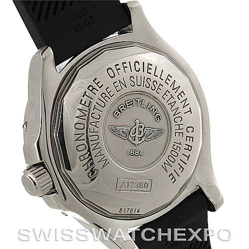 The image shows the back case and part of the strap of a Breitling Superocean A1736010/C644 Men's Stainless Steel Blue Dial A1736010/C644 Men's Stainless Steel Blue Dial watch, including the engravings and crown.