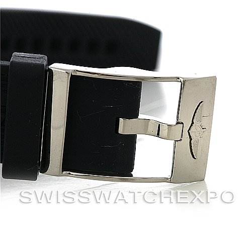 This is a close-up of the clasp and part of the black strap for a Breitling Superocean A1736010/C644 Men's Stainless Steel Blue Dial A1736010/C644 Men's Stainless Steel Blue Dial watch.