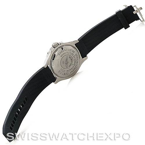 The image shows the back case and strap of a Breitling Superocean A1736010/C644 Men's Stainless Steel Blue Dial A1736010/C644 Men's Stainless Steel Blue Dial watch, highlighting the back engraving and buckle.