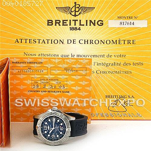 The image shows a Breitling Superocean A1736010/C644 Men's Stainless Steel Blue Dial A1736010/C644 Men's Stainless Steel Blue Dial watch at an angle displaying the face and strap, alongside the warranty certificate and chronometer attestation.