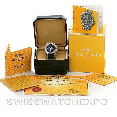 The image shows the Breitling Superocean A1736010/C644 Men's Stainless Steel Blue Dial A1736010/C644 Men's Stainless Steel Blue Dial watch in its box, along with warranty cards, manuals, and packaging.