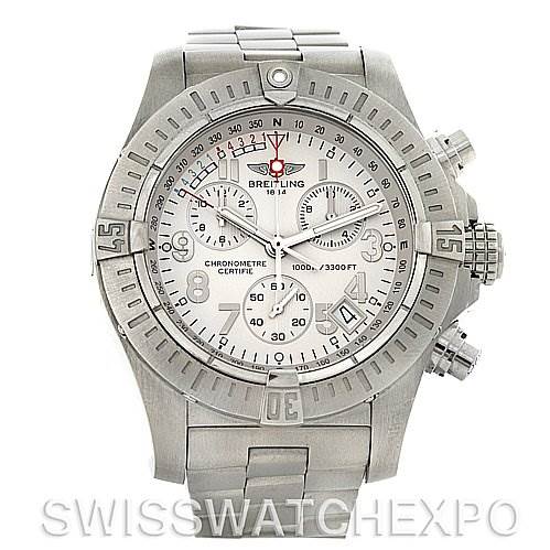 The image shows a front view of a Breitling Avenger A7339010.G561-SS Men's Stainless Steel Silver Dial A7339010.G561-SS Men's Stainless Steel Silver Dial watch, highlighting the face, bezel, pushers, and stainless steel bracelet.