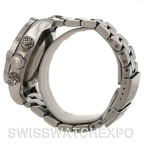 The image shows a side view of the Breitling Avenger A7339010.G561-SS Men's Stainless Steel Silver Dial A7339010.G561-SS Men's Stainless Steel Silver Dial watch, focusing on the crown, pushers, and stainless steel bracelet.