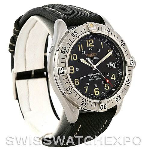 This image shows a Breitling Superocean A17040/1121 Men's Stainless Steel Black Dial A17040/1121 Men's Stainless Steel Black Dial watch from a three-quarter angle, highlighting its bezel, dial, and strap.