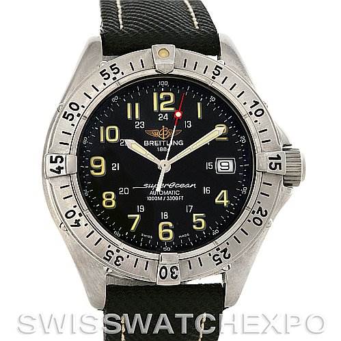 The image shows a Breitling Superocean A17040/1121 Men's Stainless Steel Black Dial A17040/1121 Men's Stainless Steel Black Dial watch from a front angle, highlighting its face, bezel, and strap.