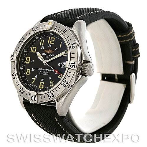 The image shows a Breitling Superocean A17040/1121 Men's Stainless Steel Black Dial A17040/1121 Men's Stainless Steel Black Dial watch at a three-quarter angle, highlighting the bezel, crown, and black strap.