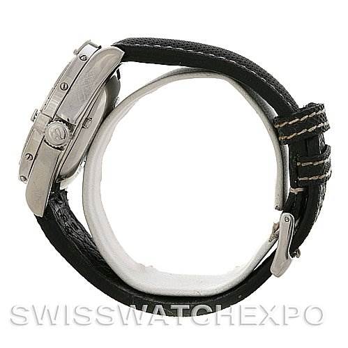 The image shows a side view of a Breitling Superocean A17040/1121 Men's Stainless Steel Black Dial A17040/1121 Men's Stainless Steel Black Dial watch, focusing on the case, crown, pushers, and leather strap with stitching.