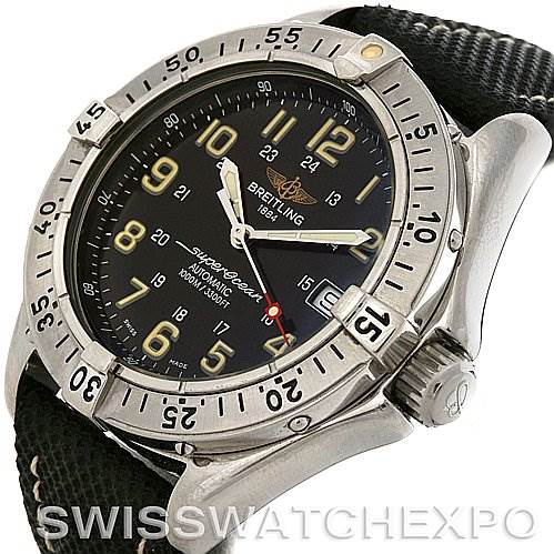 The image shows a Breitling Superocean A17040/1121 Men's Stainless Steel Black Dial A17040/1121 Men's Stainless Steel Black Dial model watch at an angled view, highlighting the bezel, dial, and part of the strap.