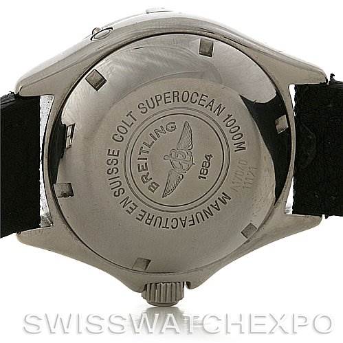 The image shows the case back of a Breitling Superocean A17040/1121 Men's Stainless Steel Black Dial A17040/1121 Men's Stainless Steel Black Dial watch, featuring the branding and model details.