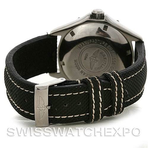 This image shows the back view of a Breitling Superocean A17040/1121 Men's Stainless Steel Black Dial A17040/1121 Men's Stainless Steel Black Dial watch, focusing on the case back, strap, and clasp.