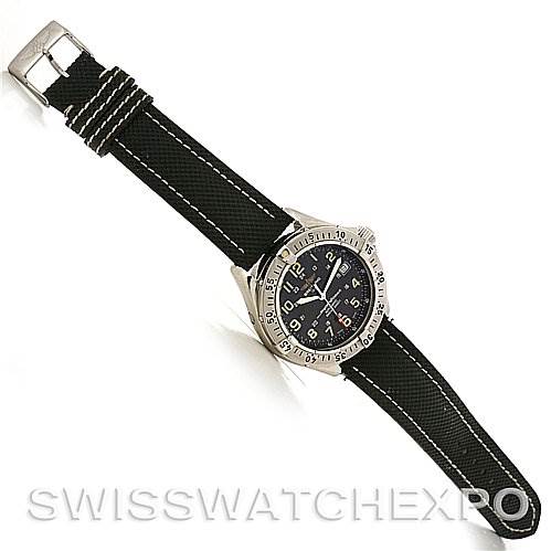 The image shows a Breitling Superocean A17040/1121 Men's Stainless Steel Black Dial A17040/1121 Men's Stainless Steel Black Dial watch from a top-down angle, displaying the face, bezel, and entire strap.