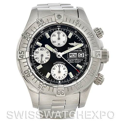 This image shows a front view of the Breitling Superocean A1334011/B683 Men
s Stainless Steel Black Dial A1334011/B683 Men
s Stainless Steel Black Dial watch, highlighting its dial, bezel, chronograph subdials, and bracelet.
