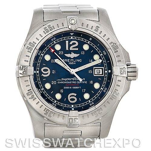 The image shows a front view of a Breitling Superocean A17390 Men's Stainless Steel Blue Dial A17390 Men's Stainless Steel Blue Dial watch, highlighting its bezel, dial, hands, and bracelet.