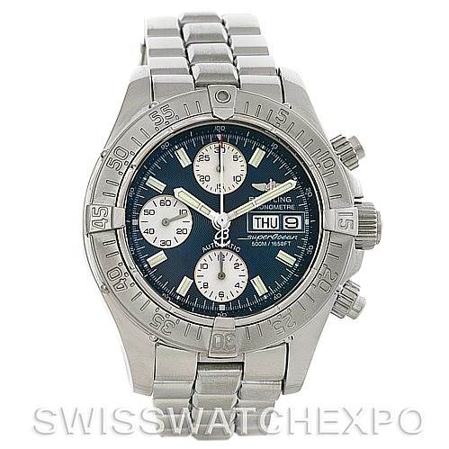 The image shows a front view of a Breitling Superocean A13340 Men's Stainless Steel Blue Dial A13340 Men's Stainless Steel Blue Dial watch with a stainless steel bracelet and blue dial.