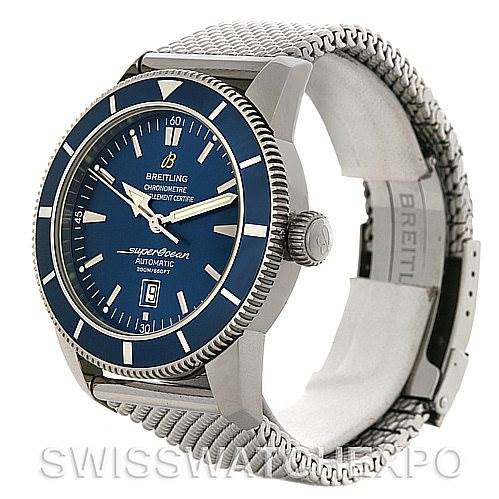 The Breitling Superocean A17320 Men's Stainless Steel Blue Dial A17320 Men's Stainless Steel Blue Dial watch is shown at an angled view, displaying the face, bezel, crown, and metal mesh strap.