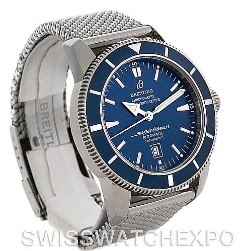 The image shows the Breitling Superocean A17320 Men's Stainless Steel Blue Dial A17320 Men's Stainless Steel Blue Dial watch at a three-quarter angle, highlighting the face, bezel, and mesh strap.
