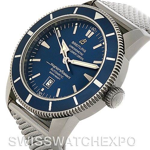 The Breitling Superocean A17320 Men's Stainless Steel Blue Dial A17320 Men's Stainless Steel Blue Dial watch is shown at a slight angle, highlighting the dial, bezel, crown, and a portion of the metal band.