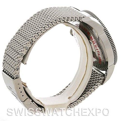 The image shows a Breitling Superocean A17320 Men's Stainless Steel Blue Dial A17320 Men's Stainless Steel Blue Dial watch from a side angle, highlighting its mesh bracelet and part of the watch case.