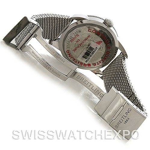 The image shows the back case and opened clasp of a Breitling Superocean A17320 Men's Stainless Steel Blue Dial A17320 Men's Stainless Steel Blue Dial watch with a mesh bracelet.