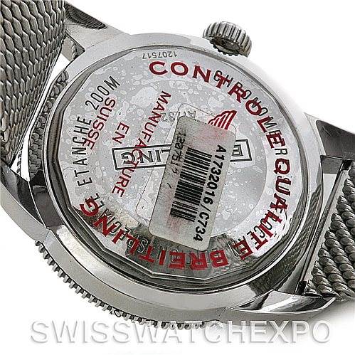 The image shows the back view of a Breitling Superocean A17320 Men's Stainless Steel Blue Dial A17320 Men's Stainless Steel Blue Dial watch, including the case back, crown, and stainless steel mesh bracelet.