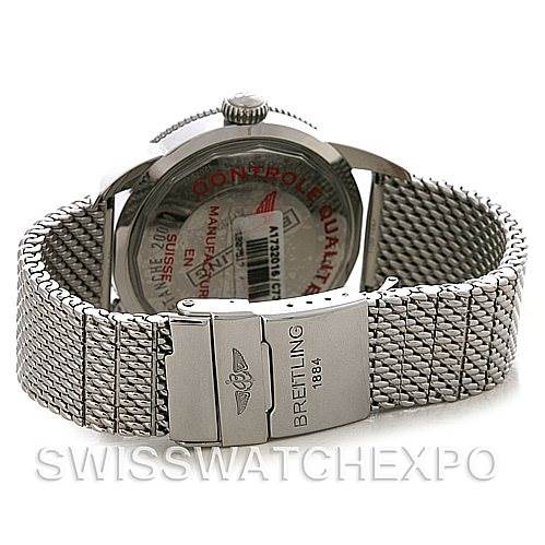 This image shows the back of the Breitling Superocean A17320 Men's Stainless Steel Blue Dial A17320 Men's Stainless Steel Blue Dial watch, highlighting the clasp and mesh bracelet.