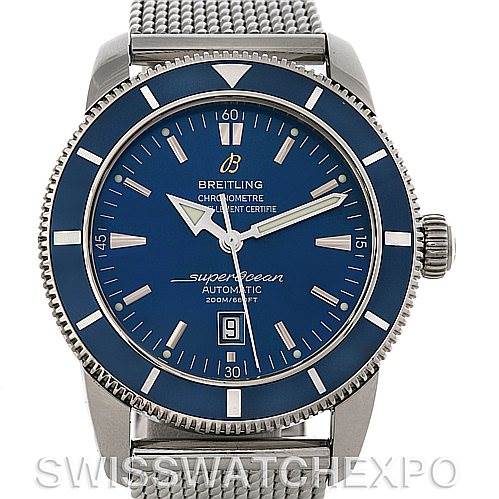 The image shows a front view of the Breitling Superocean A17320 Men's Stainless Steel Blue Dial A17320 Men's Stainless Steel Blue Dial watch, highlighting its blue dial, bezel, and mesh strap.
