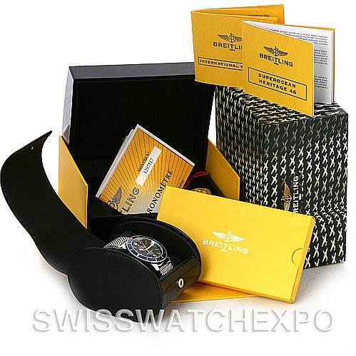 The image shows a Breitling Superocean A17320 Men's Stainless Steel Blue Dial A17320 Men's Stainless Steel Blue Dial watch in its case with accompanying manuals and packaging from an angled top view.