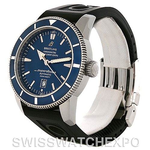 The Superocean by Breitling is shown at a three-quarter angle, highlighting the dial, bezel, crown, and part of the strap.