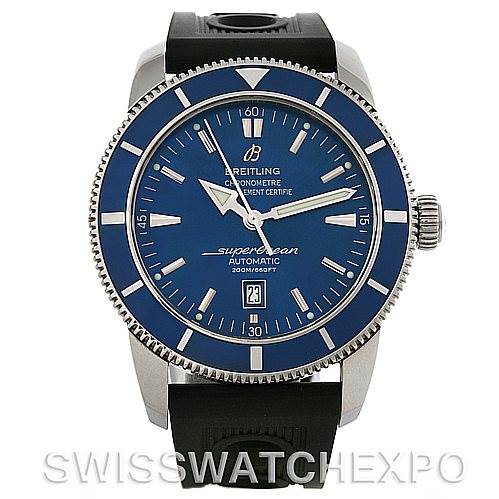 The image shows a front view of a Breitling Superocean A17320 Men's Stainless Steel Blue Dial A17320 Men's Stainless Steel Blue Dial watch, highlighting its blue dial, bezel, and black rubber strap.