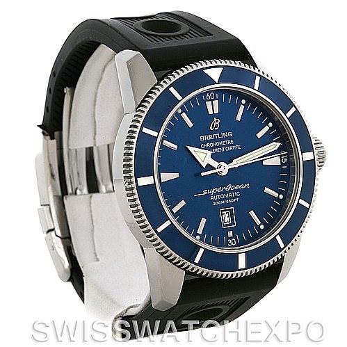 This image shows a side angle view of the Breitling Superocean A17320 Men's Stainless Steel Blue Dial A17320 Men's Stainless Steel Blue Dial watch, highlighting its blue dial, bezel, and black strap.