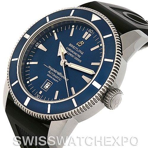 This Breitling Superocean A17320 Men's Stainless Steel Blue Dial A17320 Men's Stainless Steel Blue Dial watch is shown from a three-quarter angle, displaying the face, bezel, crown, and part of the strap.