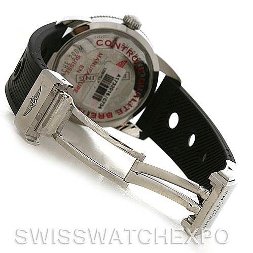 The image shows the back of a Breitling Superocean A17320 Men's Stainless Steel Blue Dial A17320 Men's Stainless Steel Blue Dial watch, including its clasp and partially closed rubber strap.