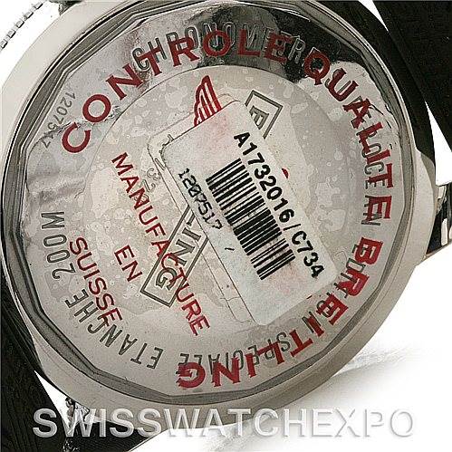 The image shows the back of a Breitling Superocean A17320 Men's Stainless Steel Blue Dial A17320 Men's Stainless Steel Blue Dial watch, highlighting its inscription and a barcode label.