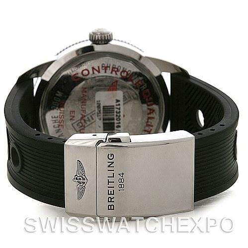 This image shows the back view of a Breitling Superocean A17320 Men's Stainless Steel Blue Dial A17320 Men's Stainless Steel Blue Dial watch, highlighting its clasp and strap.