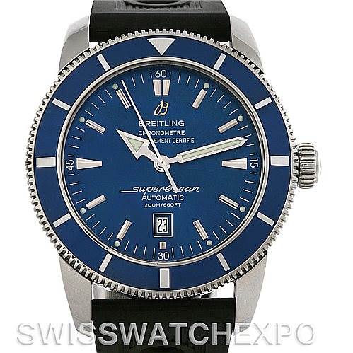 This image shows a front view of a Breitling Superocean A17320 Men's Stainless Steel Blue Dial A17320 Men's Stainless Steel Blue Dial watch, highlighting its blue dial, bezel, and rubber strap.