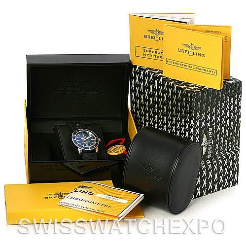 The image shows a Breitling Superocean A17320 Men's Stainless Steel Blue Dial A17320 Men's Stainless Steel Blue Dial watch in its box, accompanied by manuals, a case, and the outer packaging.