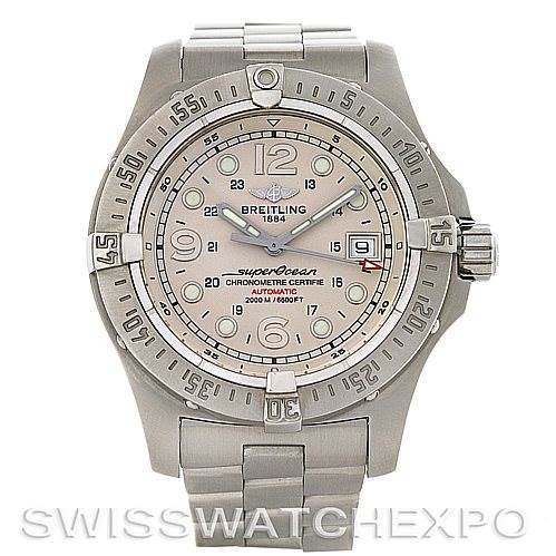 The image shows a front view of a Breitling Superocean A17390 Men's Stainless Steel Silver Dial A17390 Men's Stainless Steel Silver Dial watch, highlighting its face, bezel, and part of the metal bracelet.