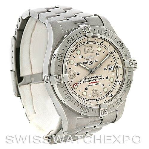 The image shows a Breitling Superocean A17390 Men's Stainless Steel Silver Dial A17390 Men's Stainless Steel Silver Dial watch at a three-quarter angle, highlighting the dial, bezel, and bracelet.