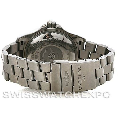 The image shows the back view of a Breitling Superocean A17390 Men's Stainless Steel Silver Dial A17390 Men's Stainless Steel Silver Dial watch and its stainless steel bracelet clasp.