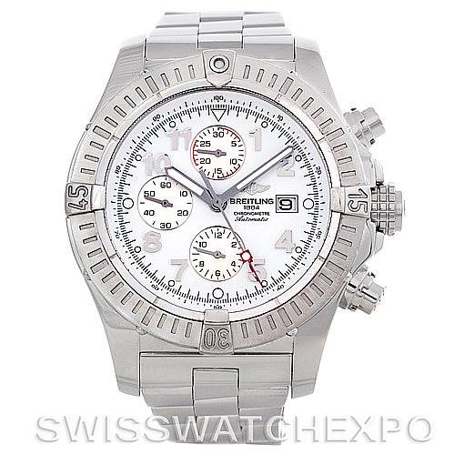 This image shows a frontal view of a Breitling Avenger A13370 Men's Stainless Steel White Dial A13370 Men's Stainless Steel White Dial model watch, displaying its dial, bracelet, bezel, and chronograph pushers.