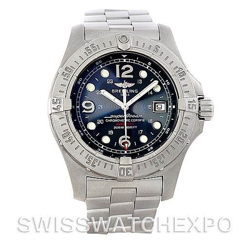 The image shows a front view of the Breitling Superocean A17390 Men's Stainless Steel Blue Dial A17390 Men's Stainless Steel Blue Dial watch, highlighting its dial, bezel, and stainless steel bracelet.