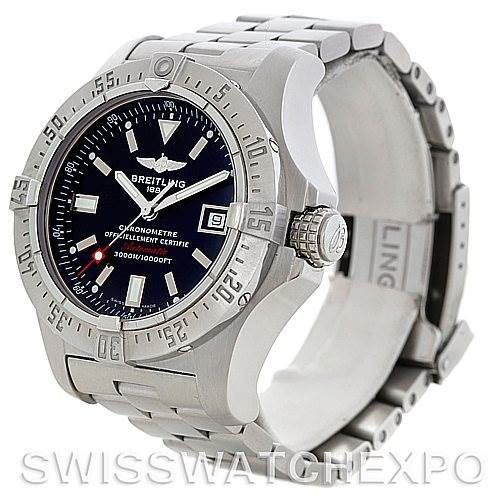 The image shows a Breitling Avenger A17330 Men's Stainless Steel Black Dial A17330 Men's Stainless Steel Black Dial watch at an angle displaying the bezel, dial, crown, and part of the bracelet.