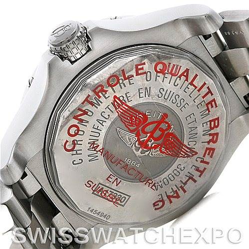 This image shows the back of the Breitling Avenger A17330 Men's Stainless Steel Black Dial A17330 Men's Stainless Steel Black Dial watch, highlighting the case back and part of the bracelet.